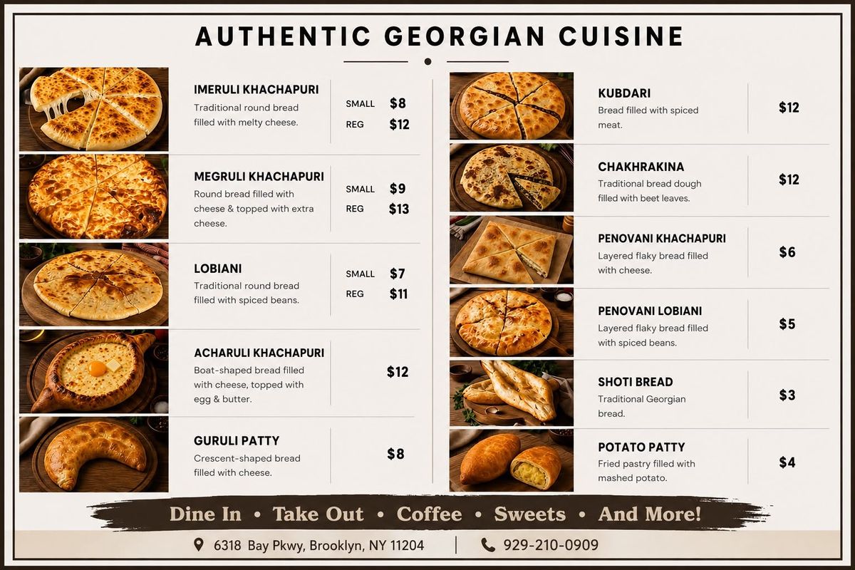Kolhelly Bakery in-store menu board listing Georgian khachapuri, lobiani, kubdari, chakhrakina, shoti bread and patties with prices